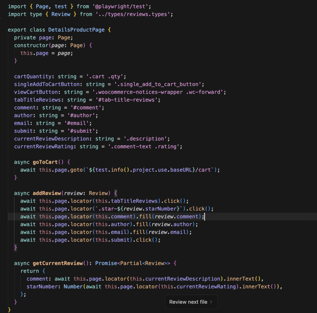 playwright page object pattern details product page