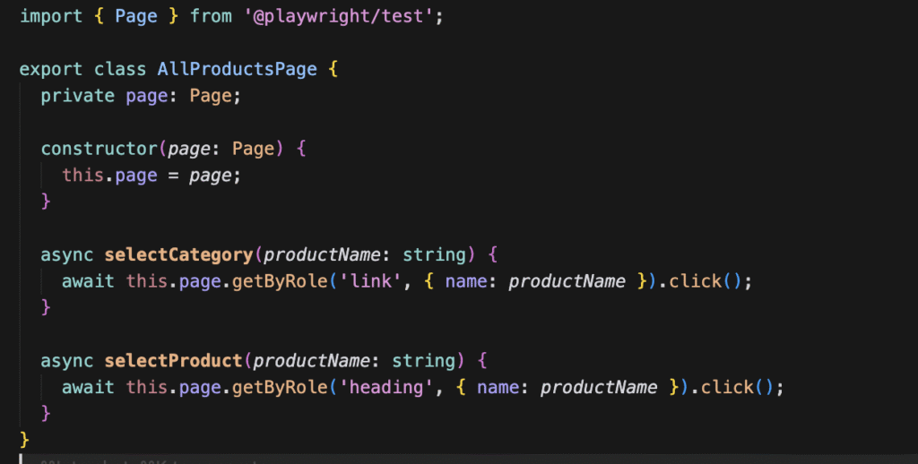 playwright page object pattern all products page