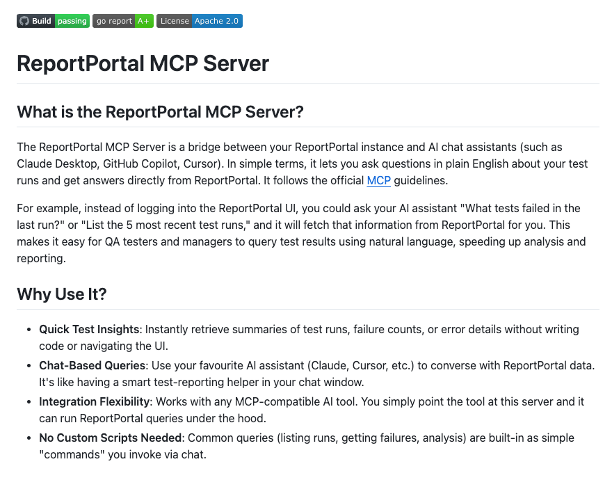 ReportPortal MCP description